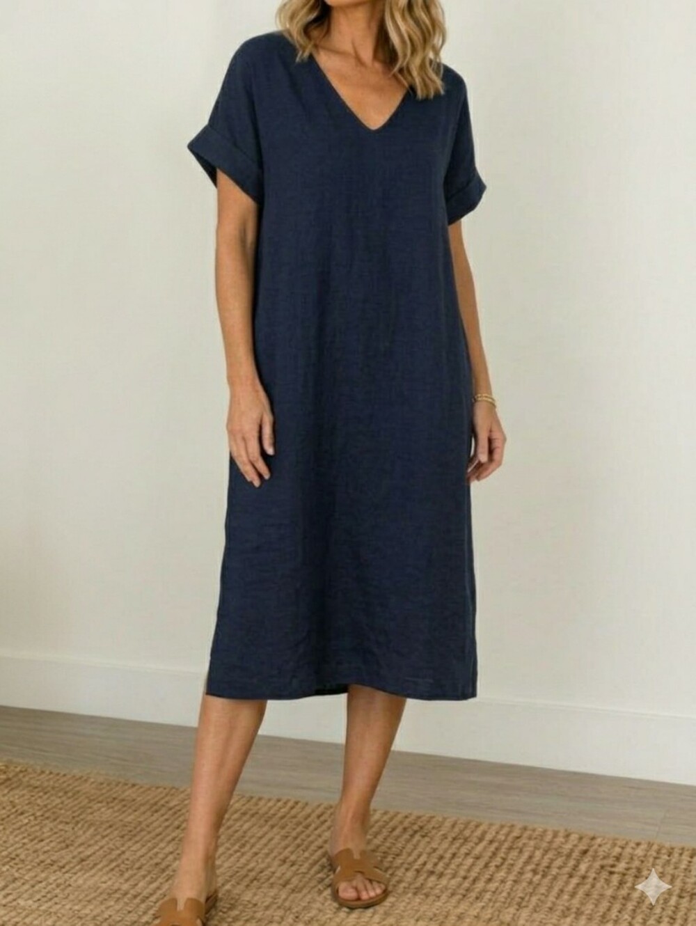 Francesca Bettini Italy 100% Linen Navy Shift Dress V-Neck Short Sleeve Midi, M